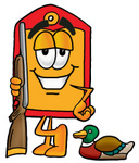 Clip Art Graphic of a Red and Yellow Sales Price Tag Cartoon Character Duck Hunting, Standing With a Rifle and Duck