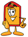 Clip Art Graphic of a Red and Yellow Sales Price Tag Cartoon Character Pointing at the Viewer