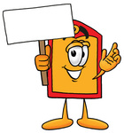 Clip Art Graphic of a Red and Yellow Sales Price Tag Cartoon Character Holding a Blank Sign
