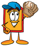 Clip Art Graphic of a Red and Yellow Sales Price Tag Cartoon Character Catching a Baseball With a Glove