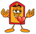 Clip Art Graphic of a Red and Yellow Sales Price Tag Cartoon Character With His Heart Beating Out of His Chest