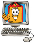 Clip Art Graphic of a Red and Yellow Sales Price Tag Cartoon Character Waving From Inside a Computer Screen