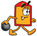 Clip Art Graphic of a Red and Yellow Sales Price Tag Cartoon Character Holding a Bowling Ball