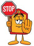Clip Art Graphic of a Red and Yellow Sales Price Tag Cartoon Character Holding a Stop Sign