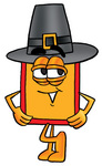 Clip Art Graphic of a Red and Yellow Sales Price Tag Cartoon Character Wearing a Pilgrim Hat on Thanksgiving