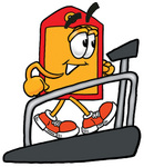 Clip Art Graphic of a Red and Yellow Sales Price Tag Cartoon Character Walking on a Treadmill in a Fitness Gym
