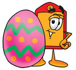 Clip Art Graphic of a Red and Yellow Sales Price Tag Cartoon Character Standing Beside an Easter Egg