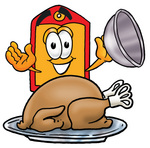 Clip Art Graphic of a Red and Yellow Sales Price Tag Cartoon Character Serving a Thanksgiving Turkey on a Platter