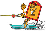 Clip Art Graphic of a Red and Yellow Sales Price Tag Cartoon Character Waving While Water Skiing