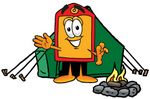 Clip Art Graphic of a Red and Yellow Sales Price Tag Cartoon Character Camping With a Tent and Fire