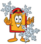 Clip Art Graphic of a Red and Yellow Sales Price Tag Cartoon Character With Three Snowflakes in Winter