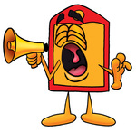 Clip Art Graphic of a Red and Yellow Sales Price Tag Cartoon Character Screaming Into a Megaphone