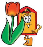 Clip Art Graphic of a Red and Yellow Sales Price Tag Cartoon Character With a Red Tulip Flower in the Spring