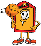 Clip Art Graphic of a Red and Yellow Sales Price Tag Cartoon Character Spinning a Basketball on His Finger