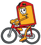 Clip Art Graphic of a Red and Yellow Sales Price Tag Cartoon Character Riding a Bicycle