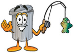 Clip Art Graphic of a Metal Trash Can Cartoon Character Holding a Fish on a Fishing Pole