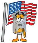 Clip Art Graphic of a Metal Trash Can Cartoon Character Pledging Allegiance to an American Flag