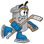 Clip Art Graphic of a Metal Trash Can Cartoon Character Playing Ice Hockey