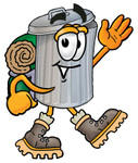 Clip Art Graphic of a Metal Trash Can Cartoon Character Hiking and Carrying a Backpack