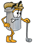 Clip Art Graphic of a Metal Trash Can Cartoon Character Leaning on a Golf Club While Golfing