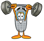 Clip Art Graphic of a Gray Cell Phone Cartoon Character Holding a Heavy Barbell Above His Head