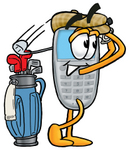 Clip Art Graphic of a Gray Cell Phone Cartoon Character Swinging His Golf Club While Golfing