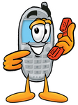 Clip Art Graphic of a Gray Cell Phone Cartoon Character Holding a Telephone
