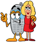 Clip Art Graphic of a Gray Cell Phone Cartoon Character Talking to a Pretty Blond Woman