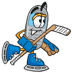 Clip Art Graphic of a Gray Cell Phone Cartoon Character Playing Ice Hockey