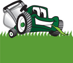 Clip Art Graphic of a Green Lawn Mower Mascot Character Facing Front and Eating a Blade of Grass While Mowing a Lawn