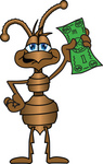 Clip Art Graphic of a Brown Ant Insect Mascot Character Waving a Green Dollar Bill in the Air