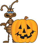 Clip Art Graphic of a Brown Ant Insect Mascot Character Standing Behind a Carved Halloween Pumpkin