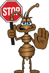 Clip Art Graphic of a Brown Ant Insect Mascot Character Holding a Stop Sign