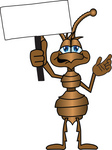 Clip Art Graphic of a Brown Ant Insect Mascot Character Waving a Blank White Sign