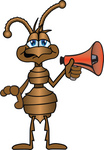 Clip Art Graphic of a Brown Ant Insect Mascot Character Holding a Red Bullhorn or Megaphone