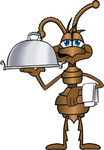 Clip Art Graphic of a Brown Ant Insect Mascot Character Carring a Napkin on His Wrist and a Platter With the Other Hand While Serving a Platter