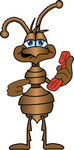 Clip Art Graphic of a Brown Ant Insect Mascot Character Holding And Pointing To A Red Telephone Receiver