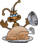 Clip Art Graphic of a Brown Ant Insect Mascot Character Serving a Thanksgiving Turkey on a Platter