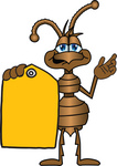 Clip Art Graphic of a Brown Ant Insect Mascot Character Holding a Yellow Sales Price Tag