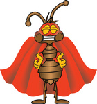 Clip Art Graphic of a Brown Ant Insect Mascot Character Dressed as a Super Hero