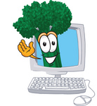 Clip Art Graphic of a Broccoli Mascot Character Waving From Inside a Computer Screen