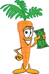 Clip Art Graphic of an Organic Veggie Carrot Mascot Character Holding a Green Dollar Bill