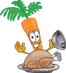 Clip Art Graphic of an Organic Veggie Carrot Mascot Character Serving a Thanksgiving Turkey on a Platter