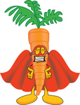 Clip Art Graphic of an Organic Veggie Carrot Mascot Character Wearing a Super Hero Cape and Mask