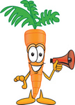 Clip Art Graphic of an Organic Veggie Carrot Mascot Character Holding a Megaphone Bullhorn
