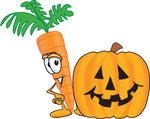 Clip Art Graphic of an Organic Veggie Carrot Mascot Character Standing by a Halloween Pumpkin