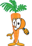 Clip Art Graphic of an Organic Veggie Carrot Mascot Character Looking Through a Magnifying Glass