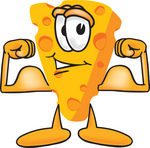 Clip Art Graphic of a Swiss Cheese Wedge Mascot Character Flexing His Arm Muscles