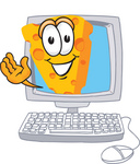 Clip Art Graphic of a Swiss Cheese Wedge Mascot Character Waving From Inside a Computer Screen