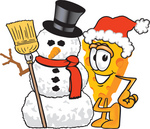 Clip Art Graphic of a Swiss Cheese Wedge Mascot Character Standing by a Snowman